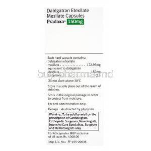 Pradaxa, Dabigatran Etexilate Mesilate 150mg Box side presention, Contents in each capsule, storage and dosage instructions, warning label
