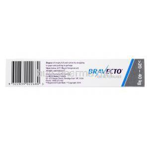 Bravecto,Fluralaner, 1000mg 136.4 g/kg Fluralaner, Chewable tablets for large dogs, 1 chewable tablet, box side presentation, disposing and storage instructions, Intervet Australia Pty Ltd