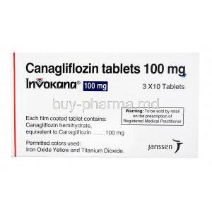 nvokana, Canagliflozin, Canagliflozin, 3x 10 tabs 100mg, Janssen, Box front presentation  contents of tablets, warning label