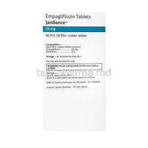 Jardiance, Empagliflozin, 90(9x10) Film coated tablets, Boehringer Ingelheim, box side presentation, composition, dosage,storage and warning label.