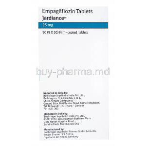 Jardiance, Empagliflozin, 90(9x10) Film coated tablets, Boehringer Ingelheim, box side presentation, Imported, Marketed and Manufactured by Boehringer Ingelheim.