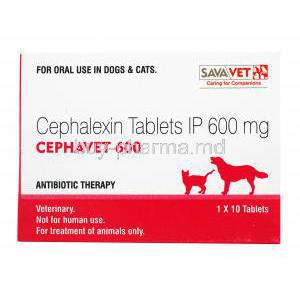 Cephavet, Cephalexin, 600mg, 1x 10 tabs, Antibiotic Therapy, SavaVet, for oral use in dogs and cats, box front presentation Cephavet 600