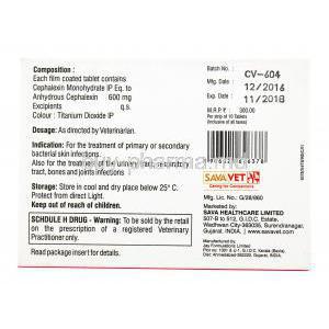 Cephavet, Cephalexin, 600mg, 1x 10 tabs, Antibiotic Therapy, SavaVet, for oral use in dogs and cats, box back presentation, composition of each tablet, dosage and indication, storage instructions, warning label. Marketed by SAVA healthcare limited.
