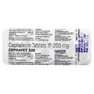 Cephavet, Cephalexin, 300mg, 1x 10 tabs, Antibiotic Therapy, SavaVet, for oral use in dogs and cats, blister pack back presentation with information Cephavet 30