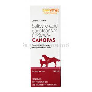Canopas, Salicyclic Acid Ear Cleanser,Canopas, SAVA Vet, 0.2% 100ml, box front presentation