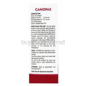 Canopas, Salicyclic Acid Ear Cleanser,Canopas, SAVA Vet, 0.2% 100ml, box side presentation, composition of product, directions for use, uses and storage label.
