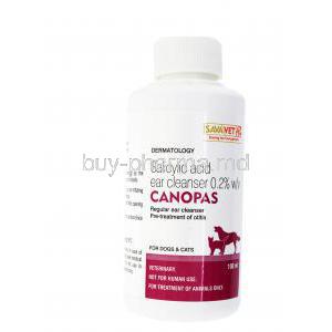 Canopas, Salicyclic Acid Ear Cleanser,Canopas, SAVA Vet, 0.2% 100ml, bottle front presentation with information