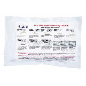 Icare HIV 1&2 Rapid Screen Test, whole blood/ serum/ plasma, packaging of test kit with pictured instructions