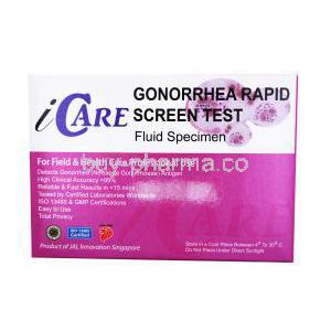 Icare Gonorrhea Rapid Screen Test, box back presentation with information, storage instructions