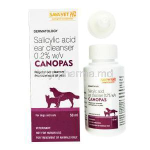 Canopas, Salicyclic Acid Ear Cleanser,Canopas, SAVA Vet, 0.2% 50ml, box and bottle front view