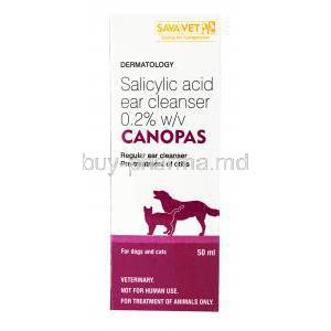 Canopas, Salicyclic Acid Ear Cleanser,Canopas, SAVA Vet, 0.2% 50ml, box front view