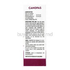 Canopas, Salicyclic Acid Ear Cleanser,Canopas, SAVA Vet, 0.2% 50ml, box back view, composition of each ml, directions for use, uses, strage instructions