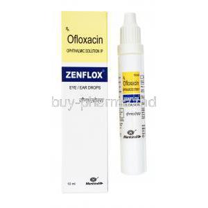 Generic  Ocuflox, Ofloxacin  Eye/ear Drop, Zenflox, 10ml box and bottle front presentation
