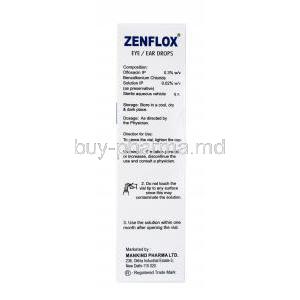 Generic Ocuflox, Ofloxacin Eye/ear Drop, Zenflox, 10ml box side presentation, composition, storage and dosage instructions, warning label, marketed by Mankind Pharma Ltd.