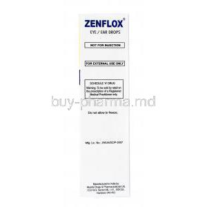 Generic Ocuflox, Ofloxacin Eye/ear Drop, Zenflox, 10ml box side presentation, information