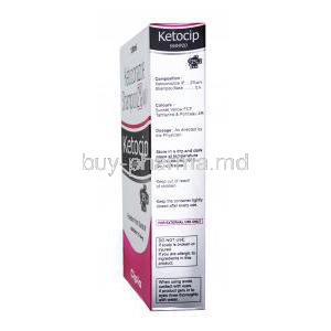 Ketocip, Ketoconazole shampoo,2% 100ml, box side presentation, compsition, colors, dosage and storage instructions