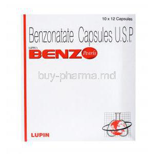 Generic Tessalon, Benz Pearls, Benzonatate Capsules, Lupin, Box  front presentation