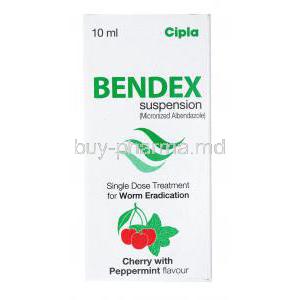 Generic Albenza, Albendazole Suspension,Bendex suspension, Cipla, box  front presentation, single dose treatment for worm eradication