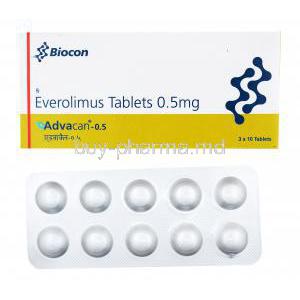 Advacan, Everolimus tablets, 0.5mg, 3x 10 tabs, Biocon, box and blister pack front presentation
