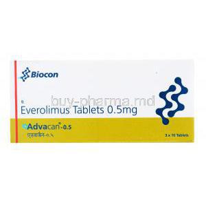 Advacan, Everolimus tablets, 0.5mg, 3x 10 tabs, Biocon, box front presentation
