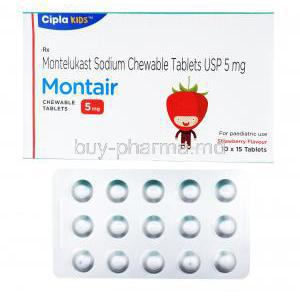 Montair, Montelukast Sodium Chewable tablets USP 5mg, 15 tabs, Cipla Kids, Box and blister pack front presentation