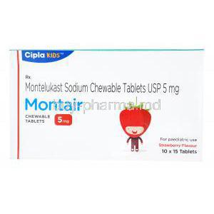 Montair, Montelukast Sodium Chewable tablets USP 5mg, 15 tabs, Cipla Kids, Box front presentation