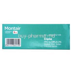 Montair, Montelukast Sodium Chewable tablets USP 5mg, 15 tabs, Cipla Kids, Box side presentation, Mfd. by Cipla Ltd.