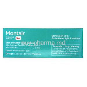 Montair, Montelukast Sodium Chewable tablets USP 5mg, 15 tabs, Cipla Kids, Box side presentation, content of each tablet, dosage and storage instructions, warning label