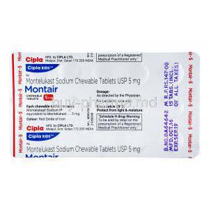 Montair, Montelukast Sodium Chewable tablets USP 5mg, 15 tabs, Cipla Kids, Blister pack back presentation