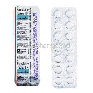 Generic  Pepcid, Famotidine Tablet, Blister pack front and back presentation with information, topcid-20, Famotidine Tablets I.P.