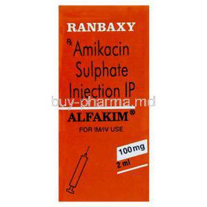 Generic Amikin, Alfakim, Amikacin 100mg 2 ml Injection (Ranbaxy) box