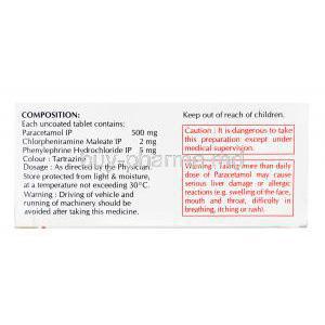 Chlorpheniramine Maleate/ Paracetamol/ Phenylephrine Hcl, 10 tabs, Nozee, box side presentation with information, content of each tablet, dosage instructions, warning label.