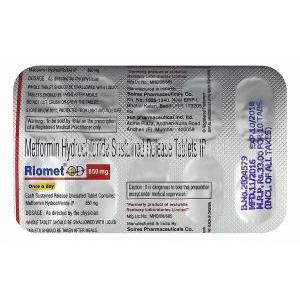 Riomet SR, Metformin 850mg tablets back