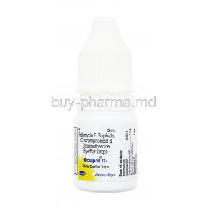 Polymyxin B sulfates/ Chloramphenicol Eye/ear drops, 5ml, Ocupol Dx, Centaur, Bottle front presentation with information