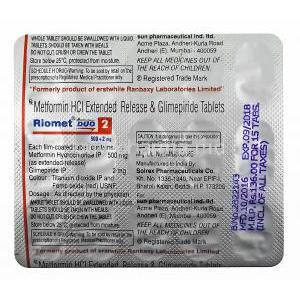 Riomet DUO 2 XR, Metformin and Glimepiride tablets back