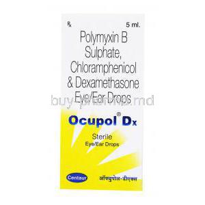 Polymyxin B sulfates/ Chloramphenicol Eye/ear drops, 5ml, Ocupol Dx, Centaur, Box front presentation