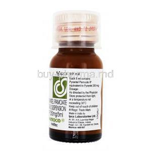 Generic Antiminth/ Ascarel, Pyrantel Pamoate Syrup, Bottle side presentation with content, dosage and storage information