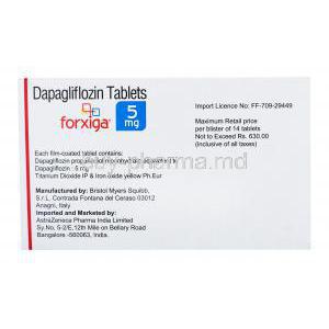 Forxiga, Dapagliflozin , 5mg 28tabs, AstraZeneca, box back presentation with information, mfg by Bristol Myers Squibb