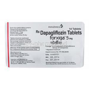 Forxiga, Dapagliflozin , 5mg 28tabs, AstraZeneca, blister pack back view with information