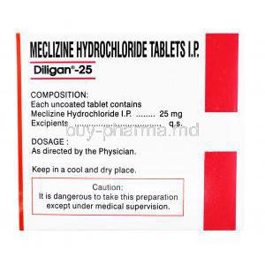 Generic Antivert, Meclizine Hydrochloride Tablets I.P, Diligan - 25, 10 x 15 tablets, Dr. Reddy's, box back presentation with composition, dosage and warning information