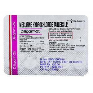 Generic Antivert, Meclizine Hydrochloride Tablets I.P, Diligan - 25, 10 x 15 tablets, Dr. Reddy's, blister pack back presentation with information