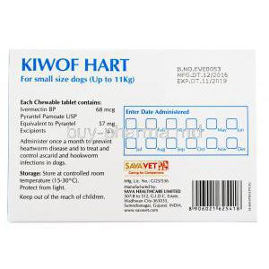Kiwof Hart Chewable Tabs for small Dogs(<11kg), Ivermectin/ Pyrantel, 68mcg/57mg, Box back presentation with information, SavaVet