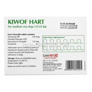 Kiwof Hart Chewable Tabs for medium Dogs(12-22kg), Ivermectin/ Pyrantel, 136mcg/114mg, Box back presentation with information