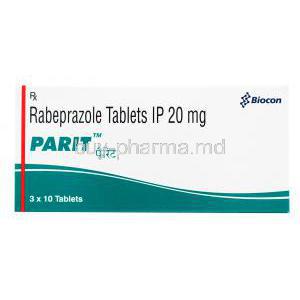 Parit, Rabeprazole tablets IP 20mg, 3 x 10 tablets, Biocon, box front presentation