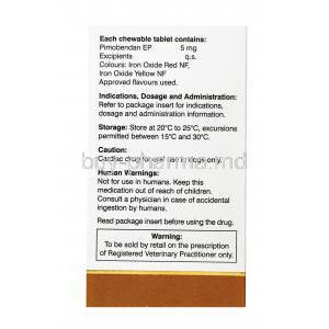 Safeheart 5 easy chews, Pimobendan Chewable Tablet 5mg, 30 tabs, SavaVet, box back presentation, with information on contents, dosage instructions, storage, caution and warning labels.