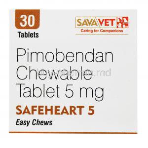 Safeheart 5 easy chews, Pimobendan Chewable Tablet 5mg, 30 tabs, SavaVet, box top presentation