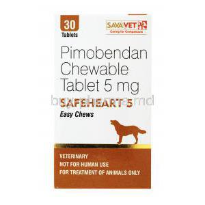 Safeheart 5 easy chews, Pimobendan Chewable Tablet 5mg, 30 tabs, SavaVet, box front presentation
