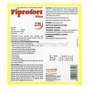 Fiprofort Plus, Fipronil, S-Methoprene, box back presentation with information, for dogs up to 10kg, 100g/L , 90g/L spot on solution, application instructions, caution, storage and warning label.