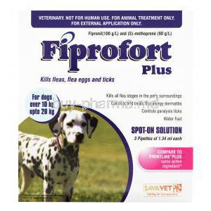 Generic Frontline Plus, Fiprofort Plus Medium Dog 10-20kg 1.34ml x 3 Pipettes,  Fipronil 100 g/L and S-Methoprene 90 g/L Box front presentation, SavaVet