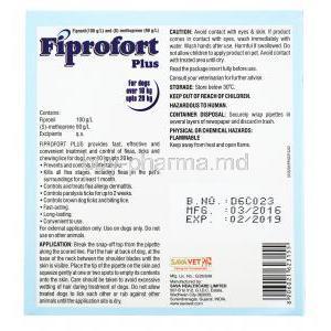 Generic Frontline Plus, Fiprofort Plus Medium Dog 10-20kg 1.34ml x 3 Pipettes, Fipronil 100 g/L and S-Methoprene 90 g/L Box back presentation with information, Contents of product, caution, storage and warning label, SavaVet